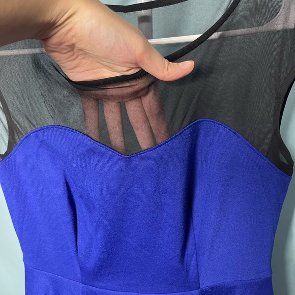 Blue and Black Peplum Mini Dress w/ Sheer Top - Picture 3 of 4